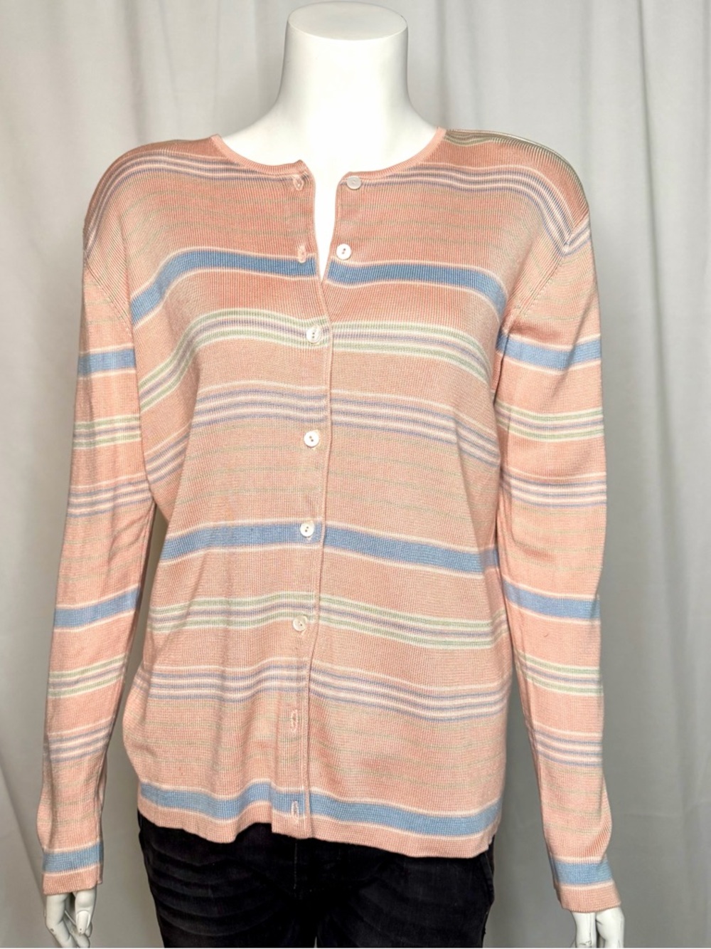 Rena Rowan Peach Striped Button Cardigan with Blue and Cream Accents. 100% Silk